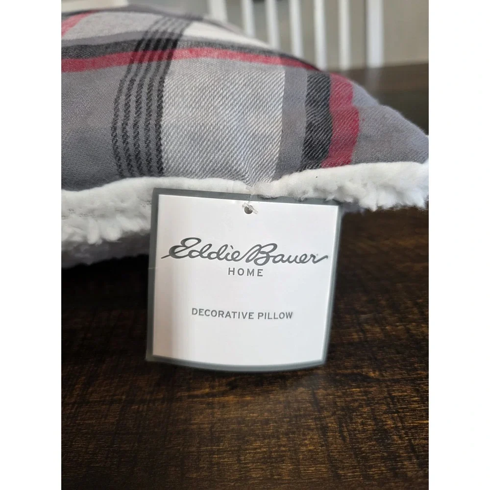 Eddie Bauer Decorative Throw Pillow Wallace Plaid Sherpa Red Black Square 20 NEW